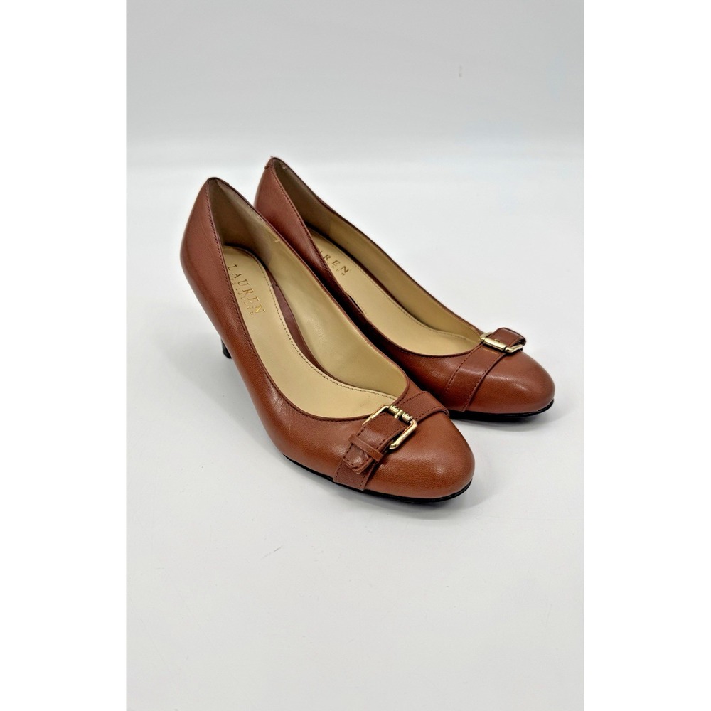 Ralph Lauren Leather Buckle Heels Saffron 7B Shoe 3" Preppy Heritage Old Money